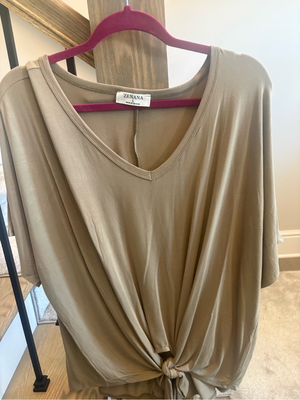 Zenana Outfitters Taupe Tie-Front V-Neck Blouse